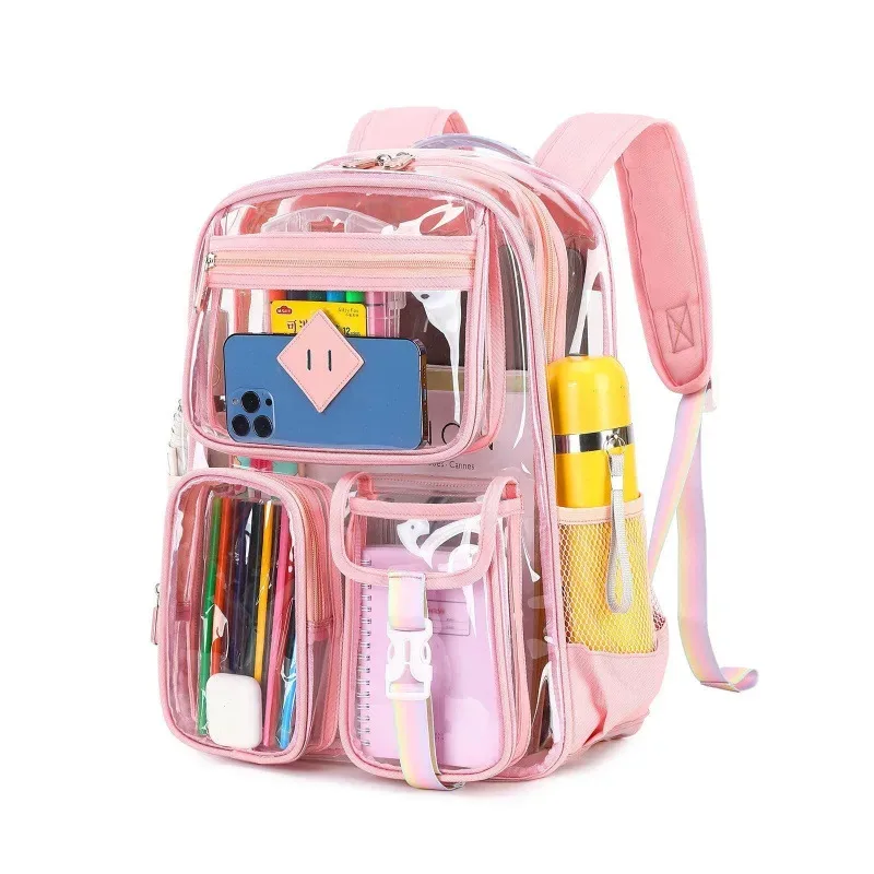 sac à dos transparent en pvc approuvé pour les stades, design transparent avec bretelles à coussin d'air, imperméable et résistant.