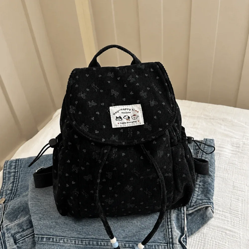 sac à dos élégant et léger en velours côtelé à imprimé nœud, décontracté, grande capacité, avec cordon de serrage, design simple, polyvalent, pour étudiant