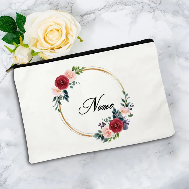 pochette zippée à motif floral pour femme, sac de voyage, organisateur en toile, trousse de maquillage, cadeau pour enseignant avec nom personnalisé lady f
