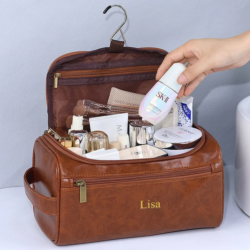 sac de maquillage personnalisé avec nom, trousse de toilette portable pour homme, sac de rangement de grande capacité pour voyage, sac de rangement en cuir pu imperméable