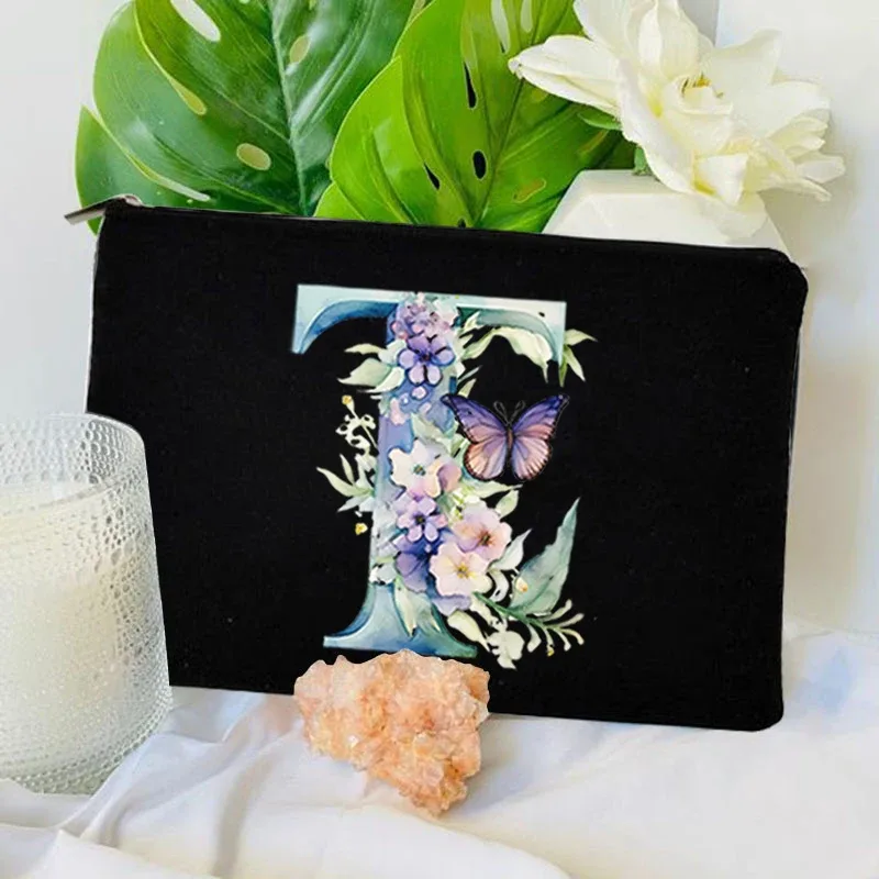 trousse toilette toile noire initiale fleurs maquillage femmes voyage sac cosmétiques intérieur uni poignée glissière