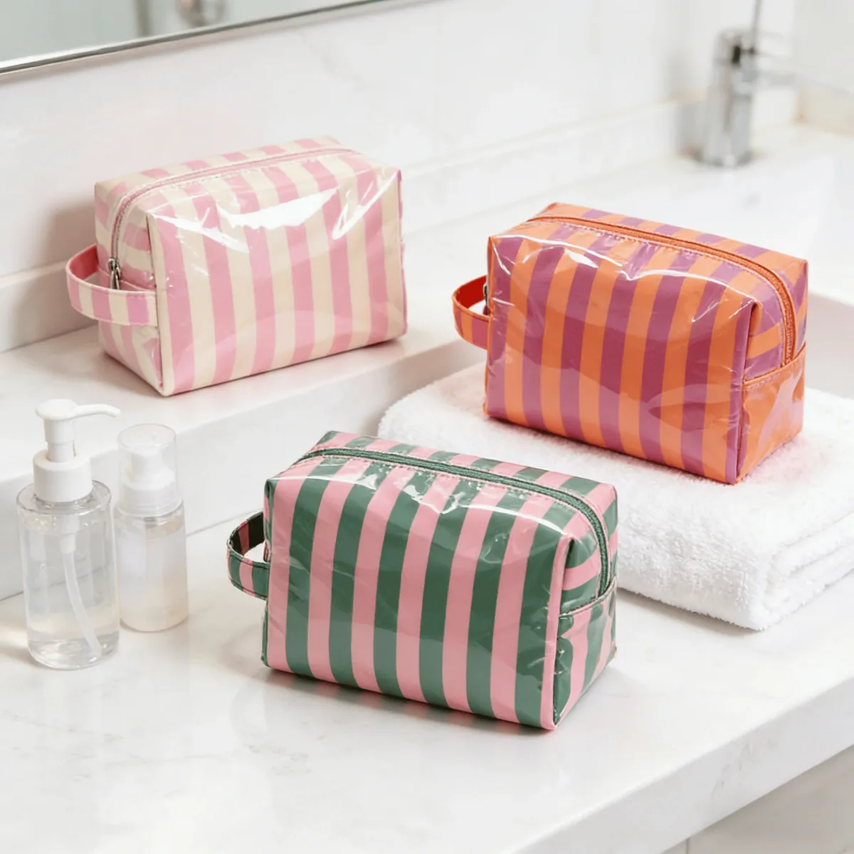 sac de maquillage élégant à rayures roses, sac de voyage portable de grande capacité, sac de rangement pour rouge à lèvres, sac à main, sac cosmétique, trousse de toilette, cadeaux pour filles