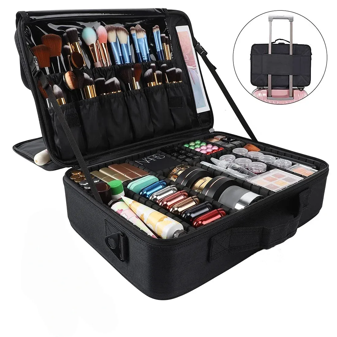 grande trousse de maquillage de voyage, organiseur de cosmétiques professionnel pour femmes, portable avec séparateurs ajustables et bandoulière