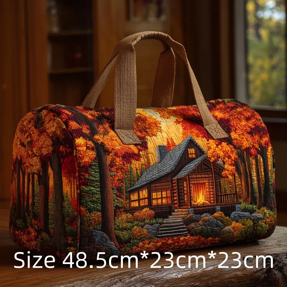 sac de voyage matelassé imprimé en 3d, fourre-tout de week-end, sac de sport, sac à main, motif cabane en montagne et forêt d'automne, paysage naturel vintage, pour femmes et hommes