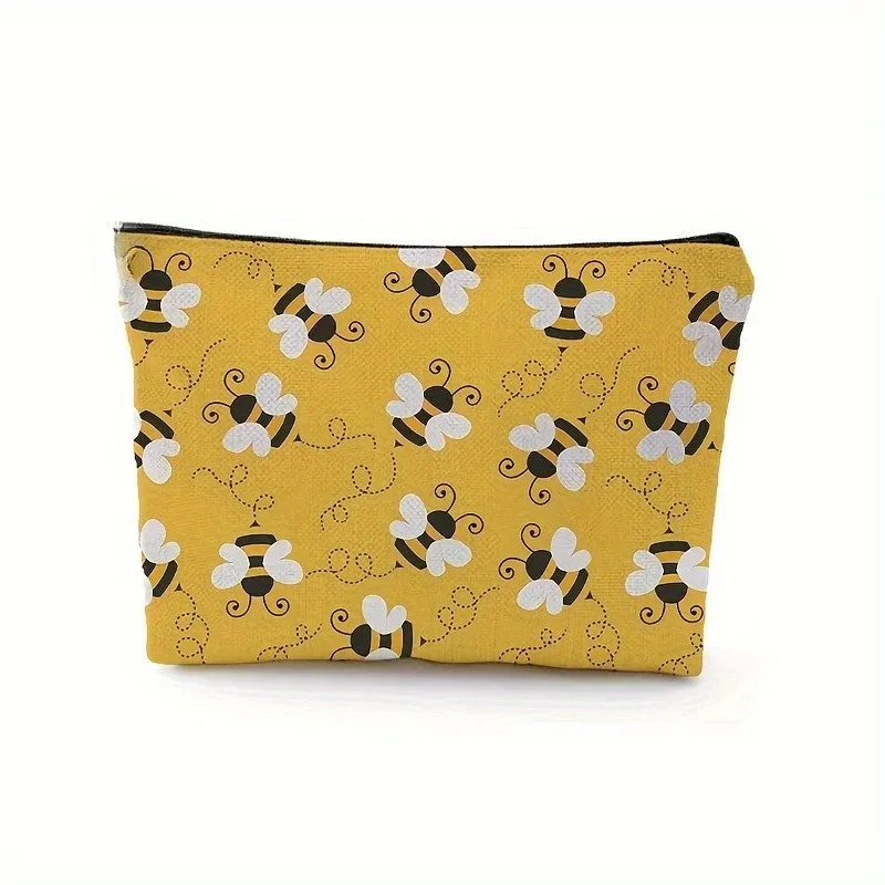 trousse de maquillage à motif d'abeille, 1 pièce, jolie pochette à cosmétiques avec fermeture éclair, design beige et floral, cadeau parfait pour les femmes, anniversaire