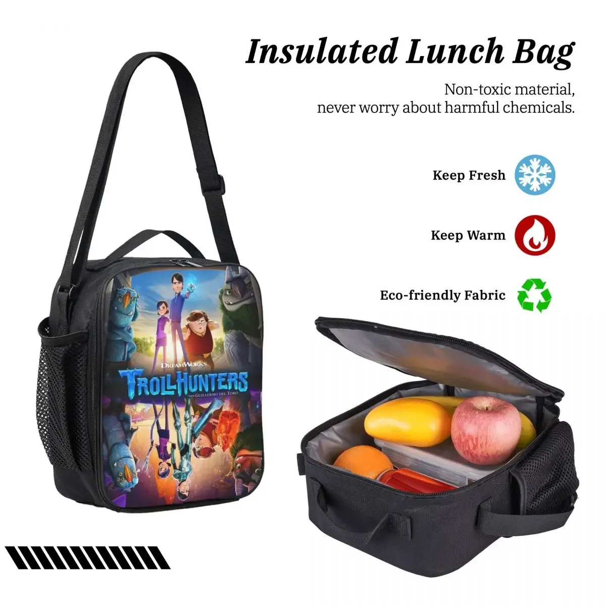 sac dos polyester impression trollhunters noire bandoulières ajustables poches latérales set pique-nique isolation aliments usage écolier voyage