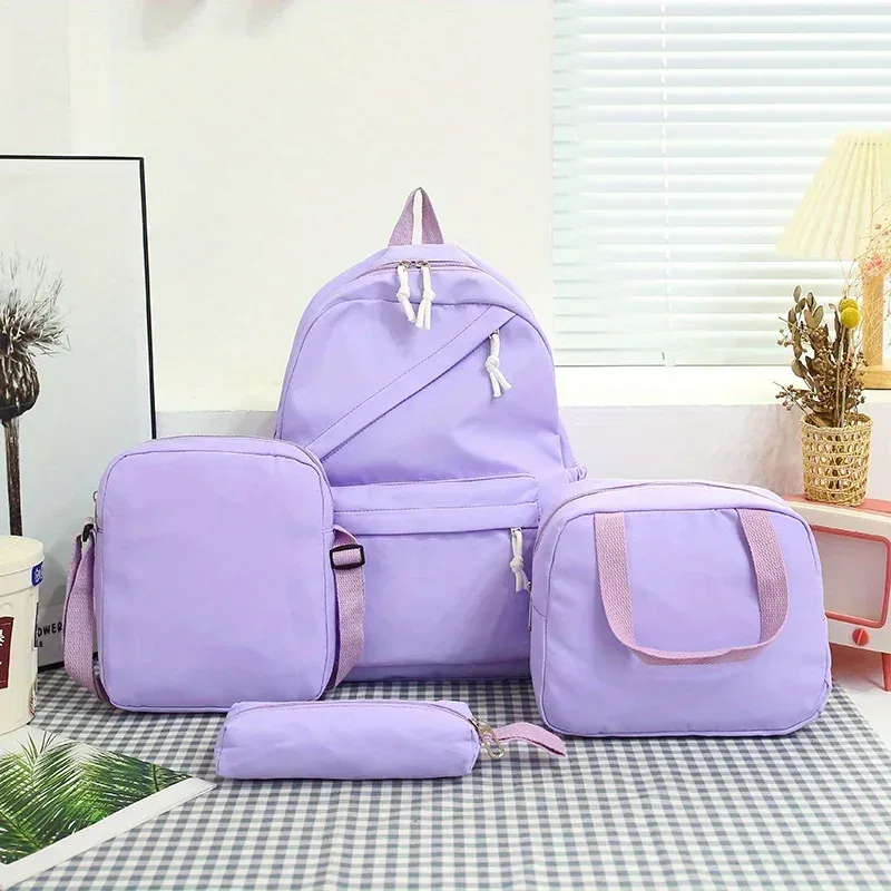 mode décontractée 4 pièces ensemble retour à l'école grande capacité en nylon couleur unie sac à dos & sac à main et trousse à crayons sac à dos pour l'école