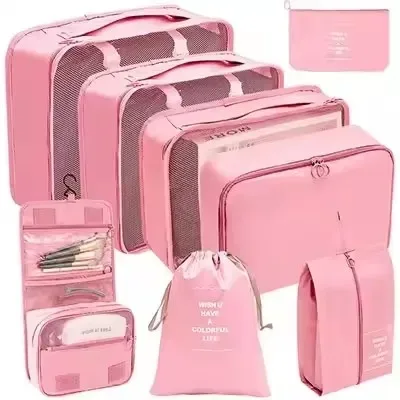organisateur voyage polyester beige clair sac rangement vêtements chaussures sous-vêtements pochettes transparentes cubes modularité transport
