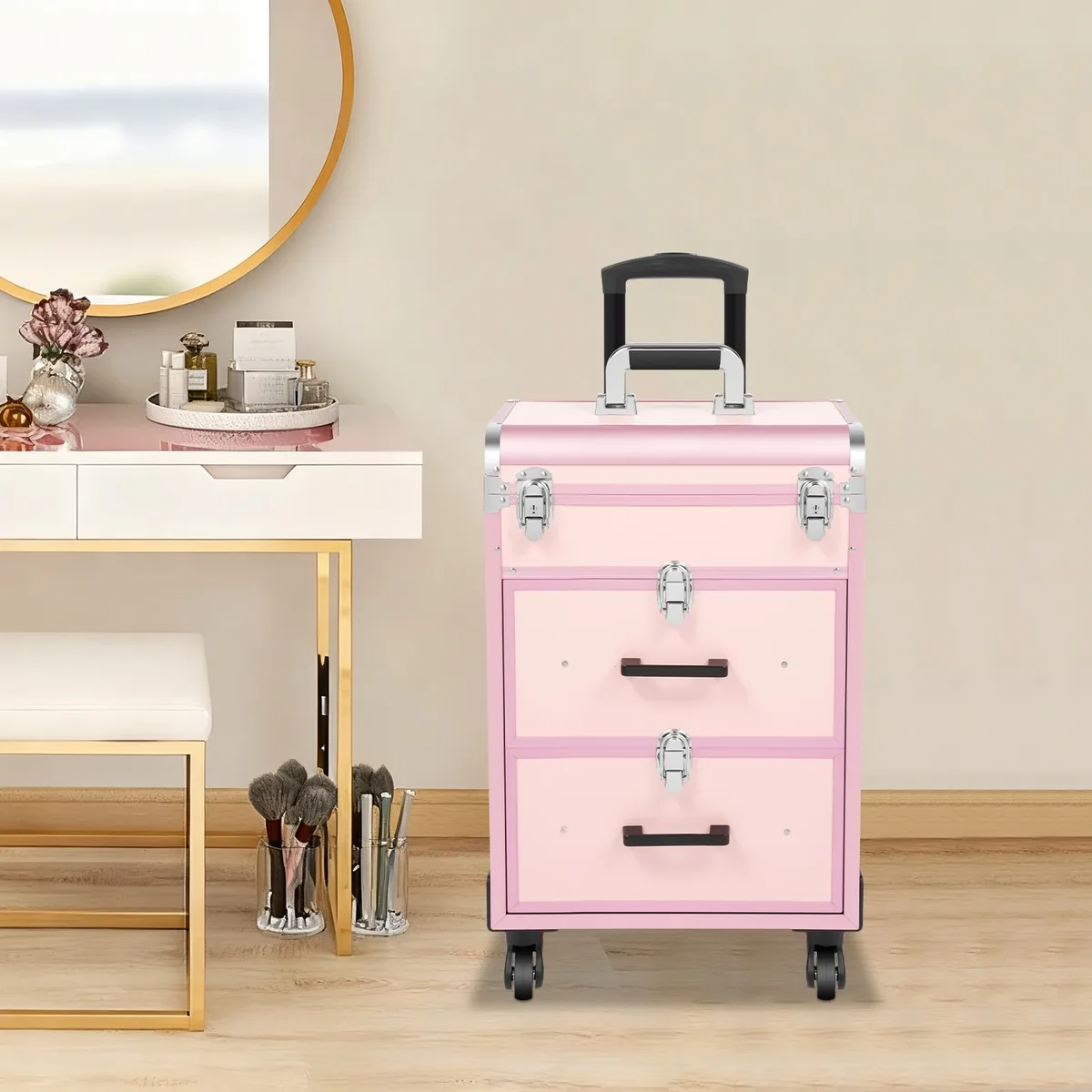 valise de maquillage à roulettes grande capacité, verrouillable, étanche, pour maquilleurs professionnels