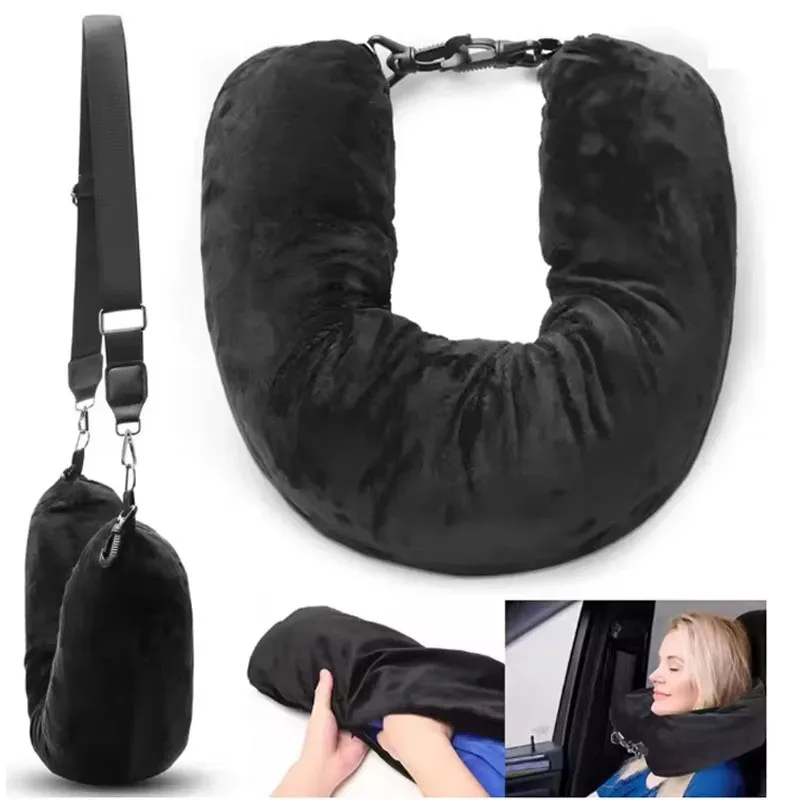 Oreiller Voyage Forme U Tissu Noir Velours Pochette Amovible Confort Personnalisable Portable Hygiénique Usage Multiple
