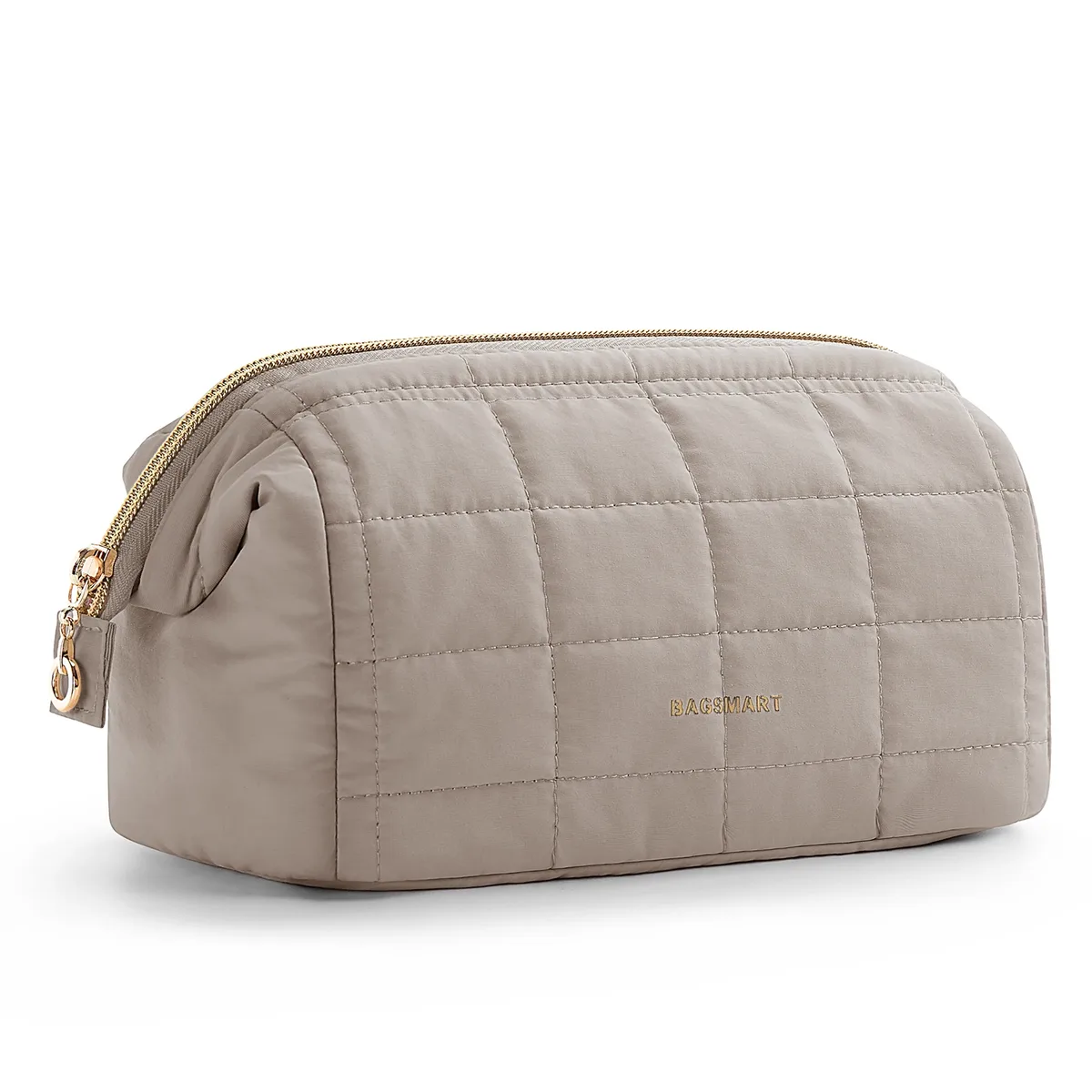 trousse toilette cosmétique taslan rose motif coutures quadrillées rectangulaire glissière dorée voyage femmes maquillage