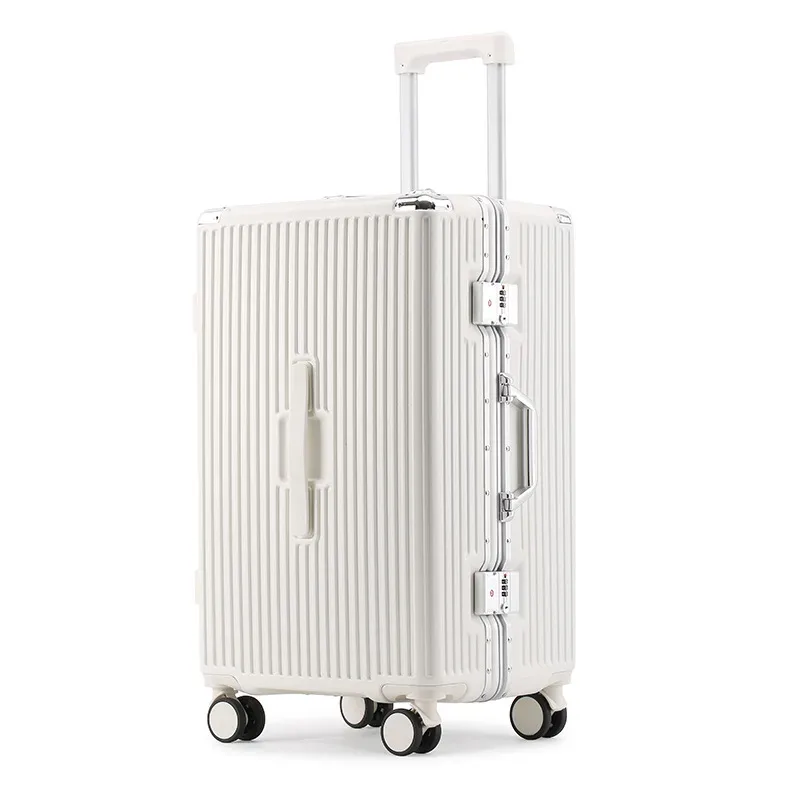 valise bagage roulante aluminium blanc violet grand capacité compartiment divisé roues bandes orange voyage étudiant