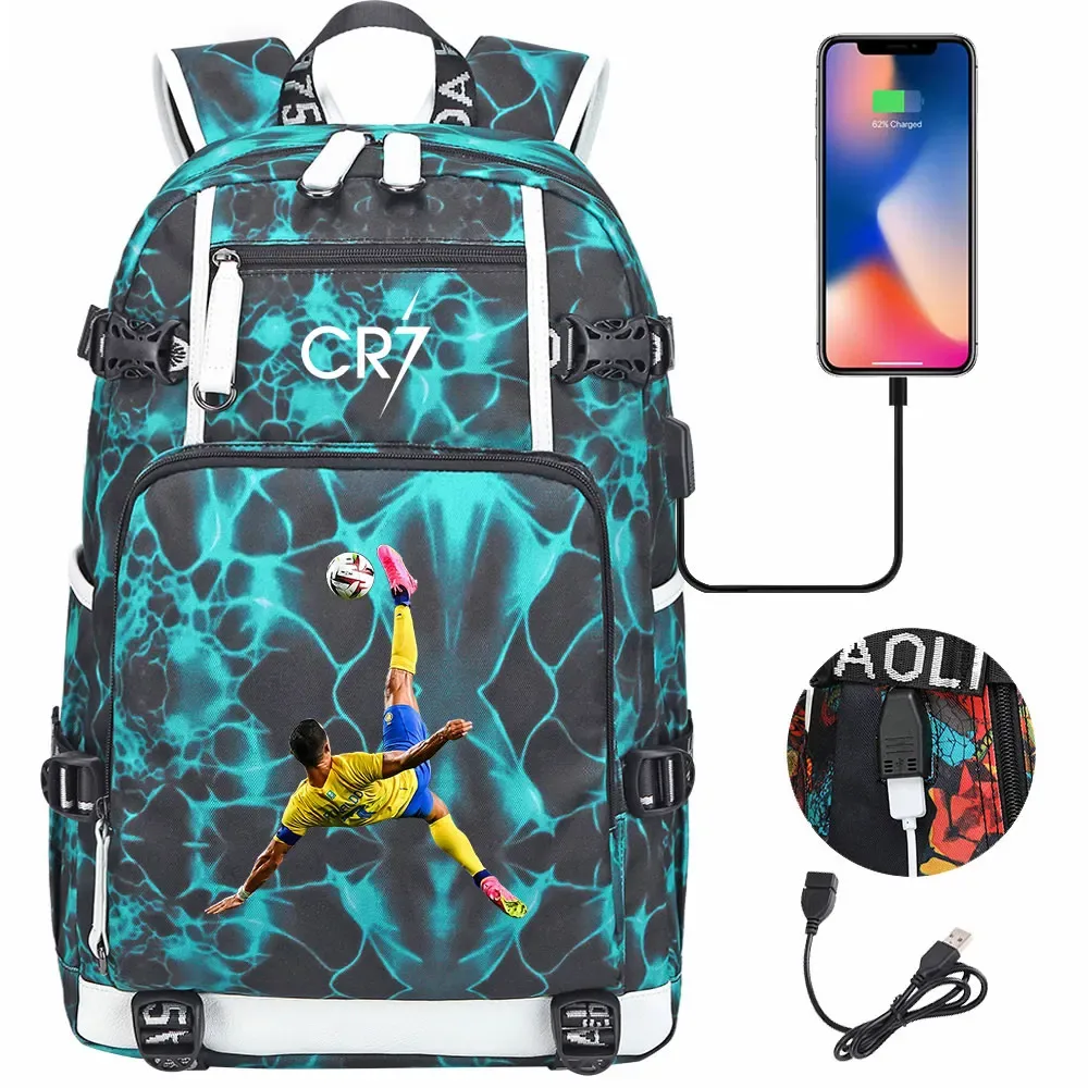 football star cr7 usb adolescents étudiant cartable femmes hommes ordinateur portable voyage sport sac à dos fille garçons enfants retour à l'école livre sacs