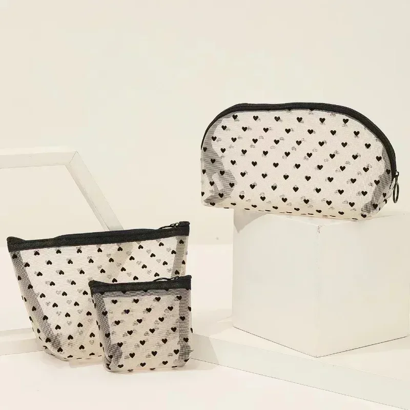 sac à cosmétiques en maille de nylon, organisateur de toilette en forme de cœur à fermeture éclair, sacs de maquillage multifonctionnels pour femmes, rouge à lèvres, clé, porte-monnaie
