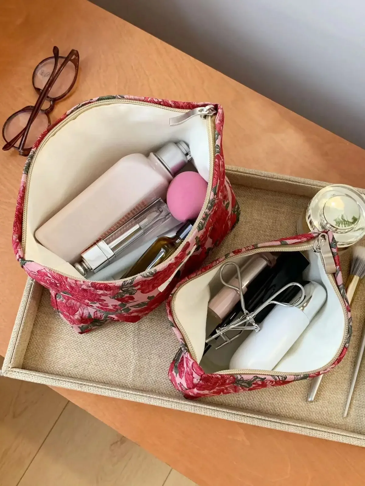 l/m/s rétro sacs de maquillage à fleurs femmes sac à cosmétiques grande capacité pochette de maquillage organisateur de voyage trousse de toilette pochette extérieure