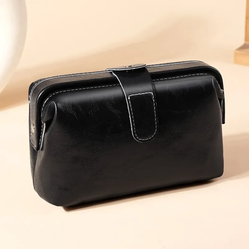sac à maquillage en cuir véritable, sac cosmétique vintage pour femmes et filles, porte-monnaie à bouton, grande capacité, trousse de maquillage imperméable
