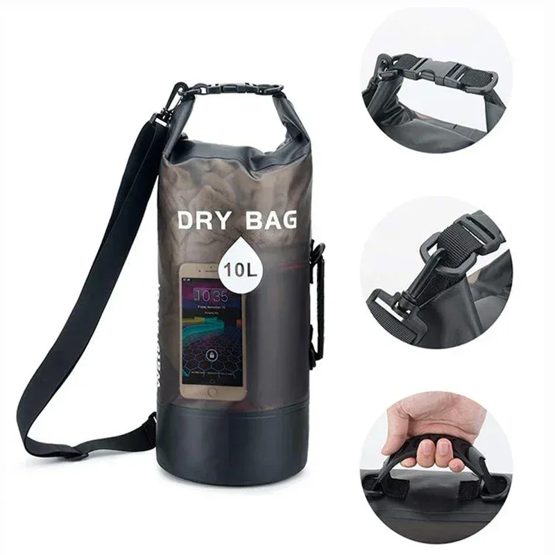 organisateur voyage sac étanche pvc transparent motif bleu poignée noire sangle ajustable trekking kayak rafting canotage