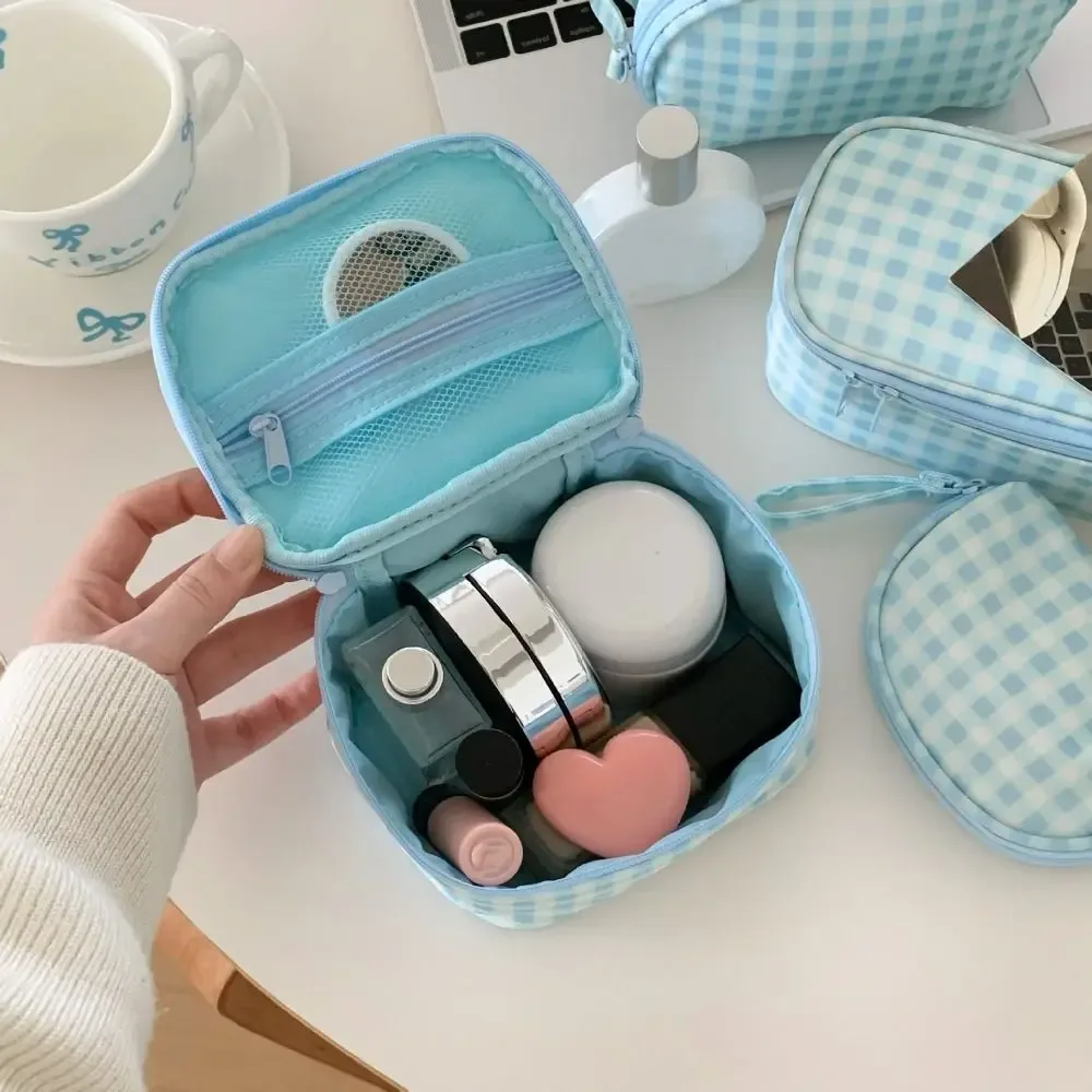 sac de maquillage en tissu oxford à carreaux bleus, sac de rangement multifonctionnel de grande capacité pour articles de toilette, sac de rangement de voyage étanche pour affaires