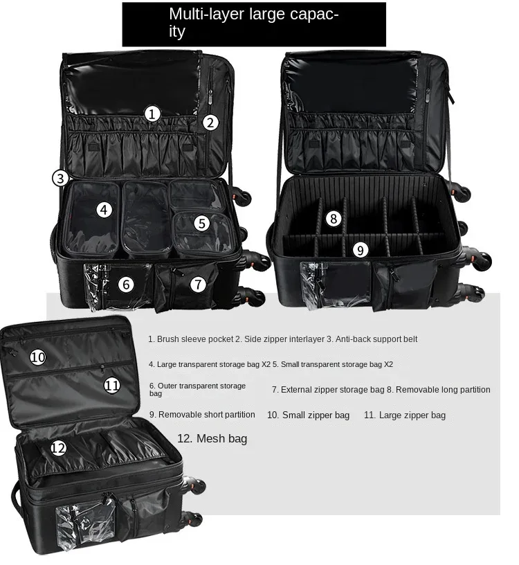 mallette de maquillage professionnelle chariot étui à cosmétiques bagages roulants valise de voyage organisateur de maquillage sacs à roulettes avec roues