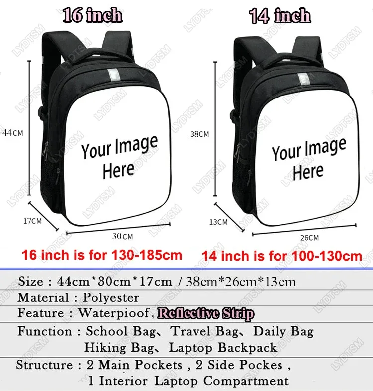 sac dos polyester noir bandoulique réfléchissante poches latérales ouvertes informatique décontracté dessin animé adolescents étudiants usage voyage