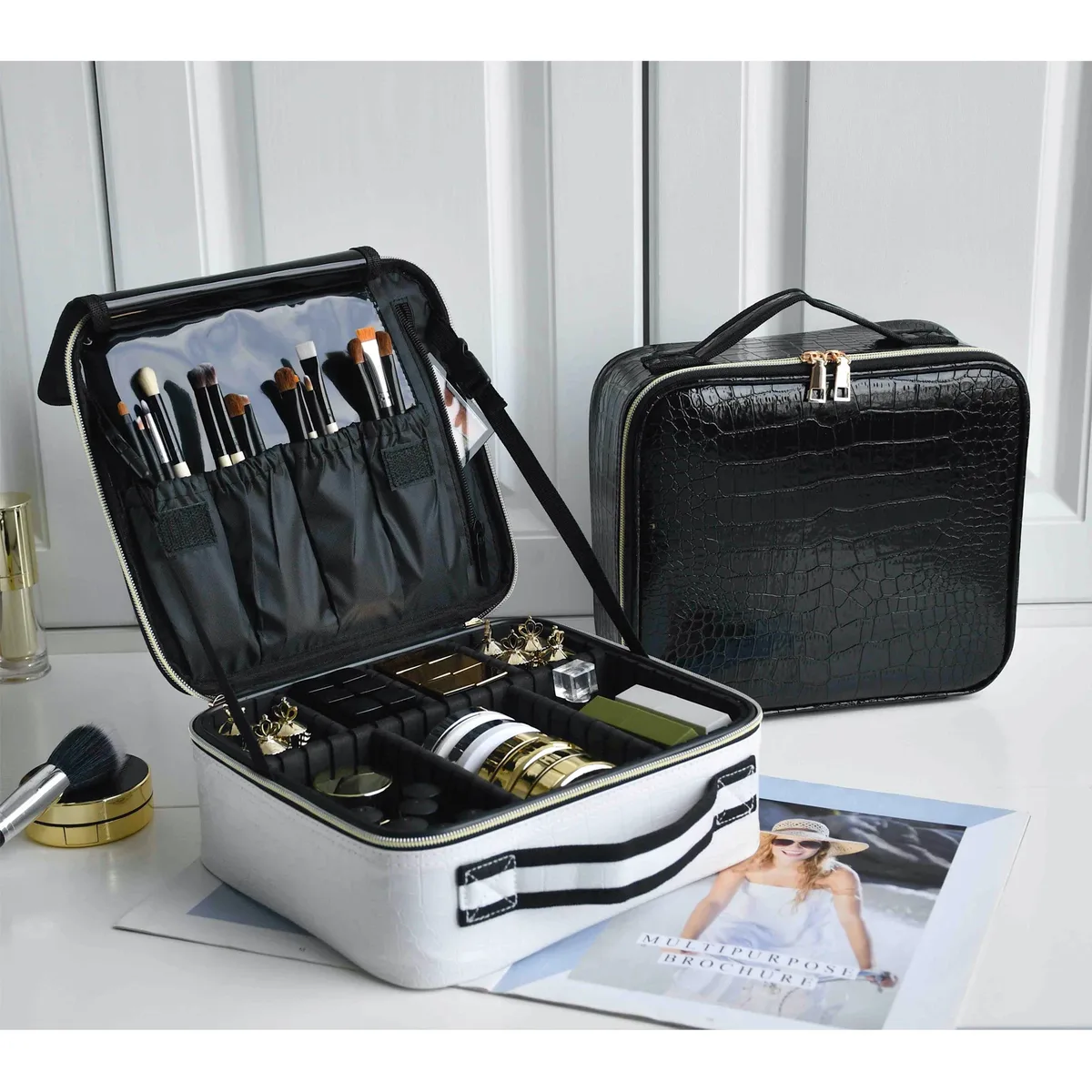trousse à cosmétiques en cuir pu pour femme, étui de maquillage de voyage portable multifonctionnel, nouveau