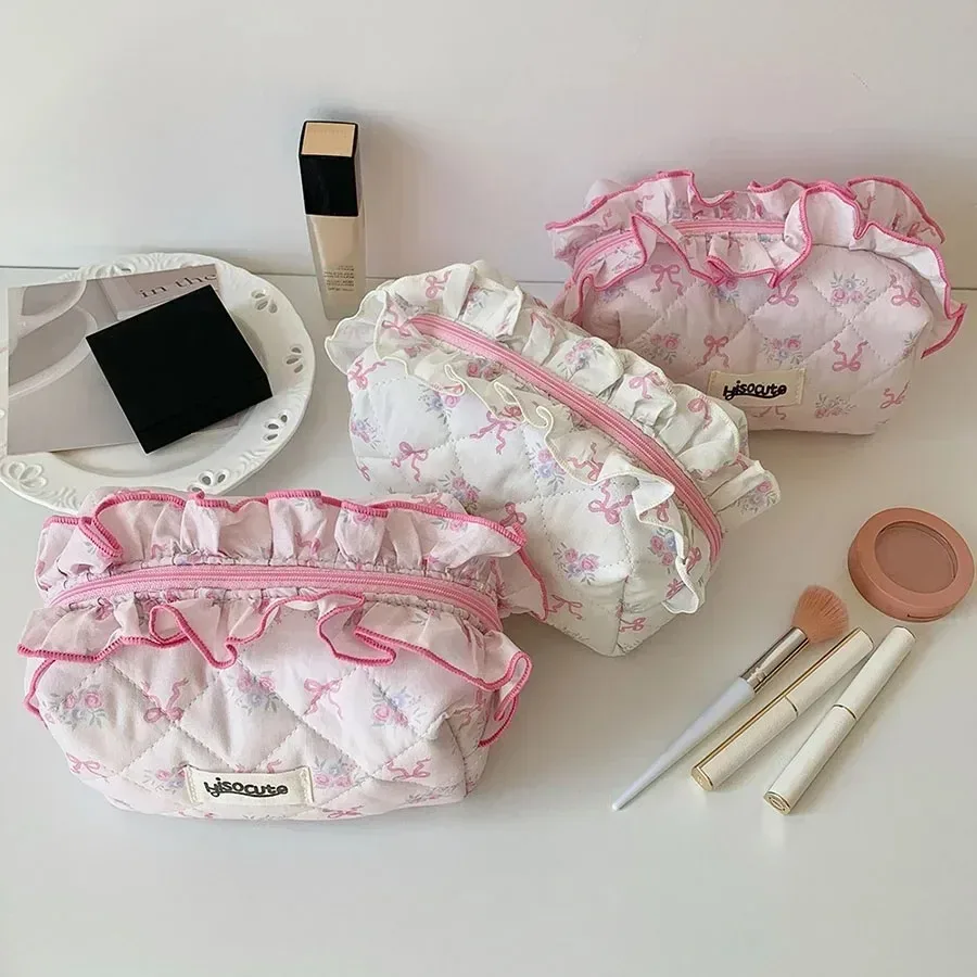 trousse de maquillage en coton matelassé avec nœud mignon pour femmes et filles, organisateur de cosmétiques portable à fermeture éclair, sac à main en tissu, trousse de toilette