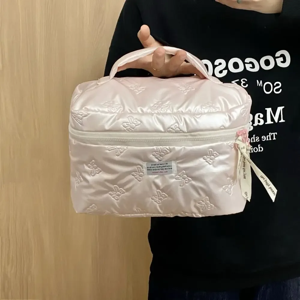 sac à cosmétiques en matériau pu, compartiment de rangement, décoration d'arc, trousse de toilette multifonction à fermeture éclair, sac à main de maquillage, rangement de maquillage