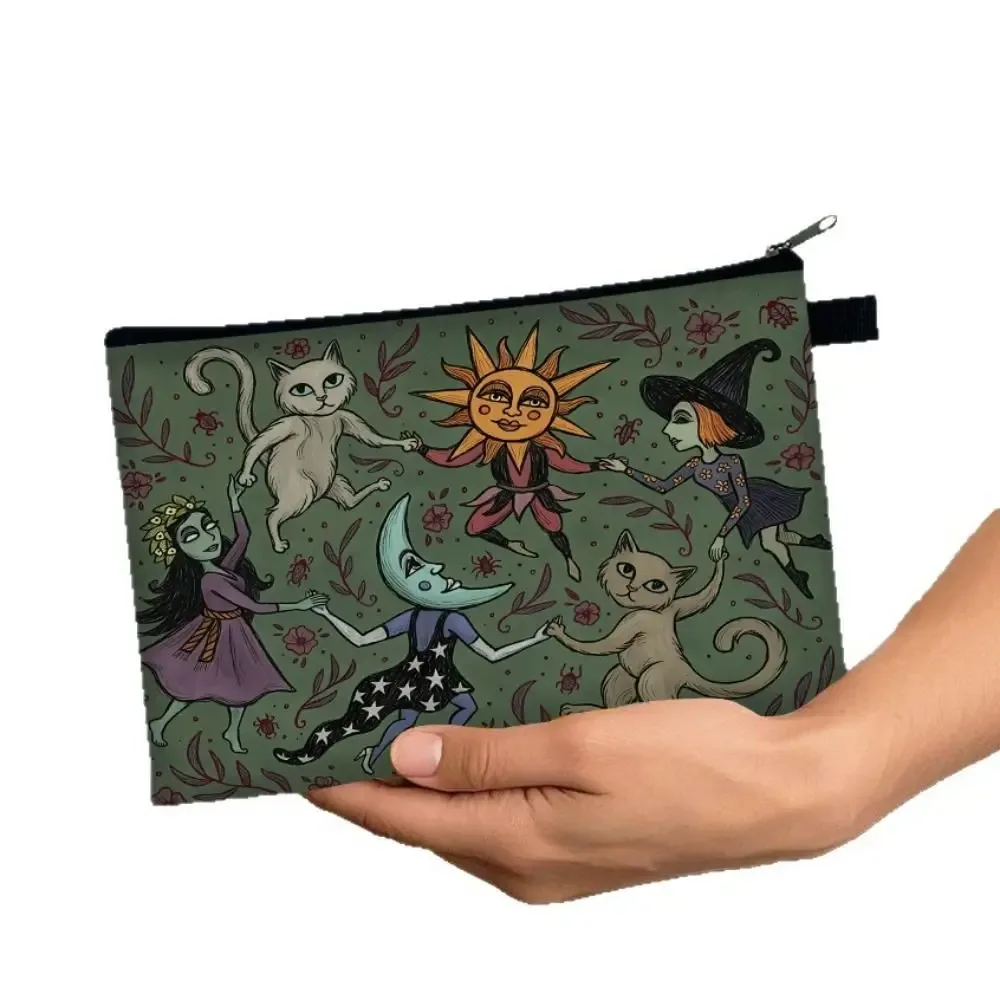 trousse polyester fantaisiste chats sorcière soleil lune vert étudiante cosmétique maquillage stylos rangement voyage