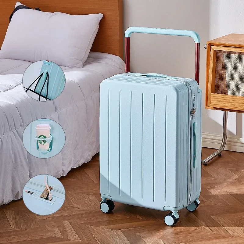 valise pc roulettes toupie poignée support tasse couleur blanche noire bleu pastel format voyage moderne design bandes verticales