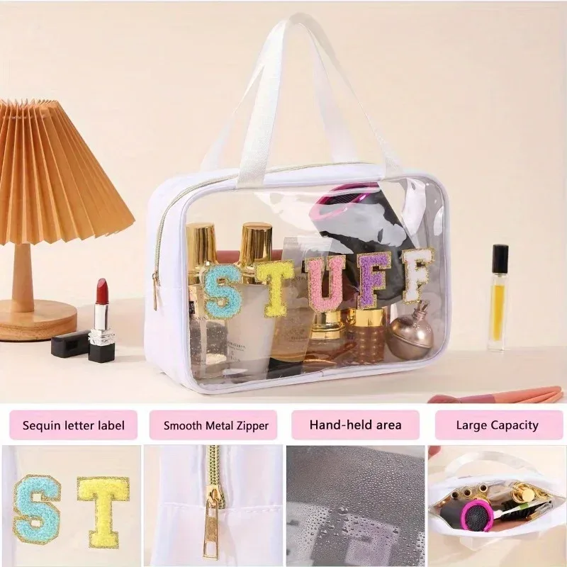 boîte de maquillage transparente givrée en pu, trousse de toilette de voyage étanche, sac de rangement de bain portable de grande capacité, sac à déjeuner pour enfants