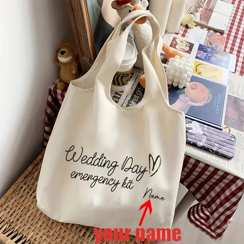 sac fourre-tout personnalisé avec motif de trousse d'urgence pour le jour du mariage, sac à bandoulière, cadeau pour la mariée le jour du mariage, personnalisable