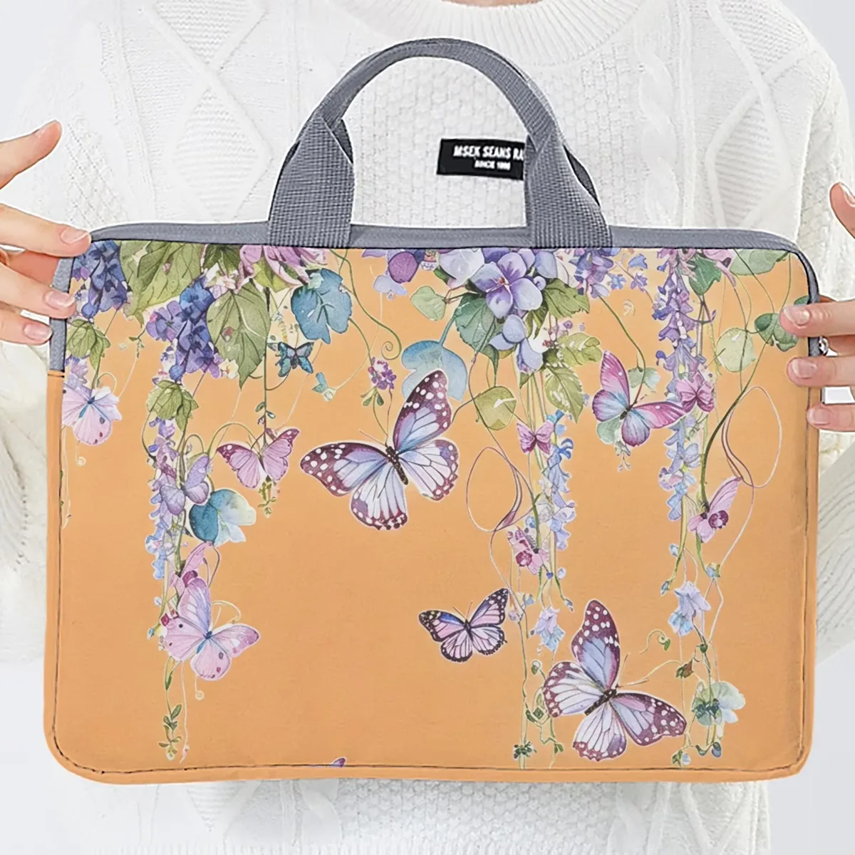 un ensemble, deux styles, sacoche pour ordinateur portable imprimée avec motif glycine et papillon, adaptée aux ordinateurs portables de 14 pouces