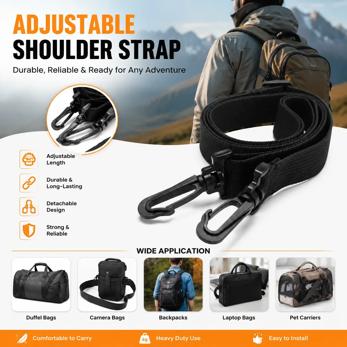 accessoires de sac à bretelles longues noires, ceintures réglables, sac à dos d'épaule de remplacement, bande détachable, utilisation chronologique fréquente, sécurité