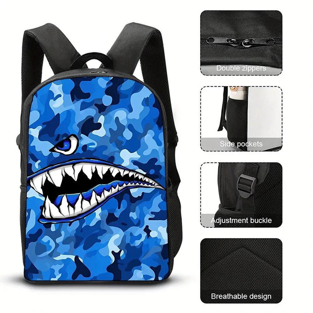 sac à dos tendance avec motif requin, imprimé graffiti et dessin animé, léger et décontracté pour étudiants et voyages