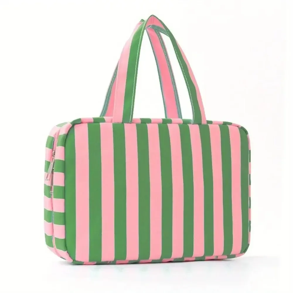trousse de toilette de voyage suspendue portable 4-en-1 avec crochet, grande capacité, rayée, pour maquillage et cosmétiques