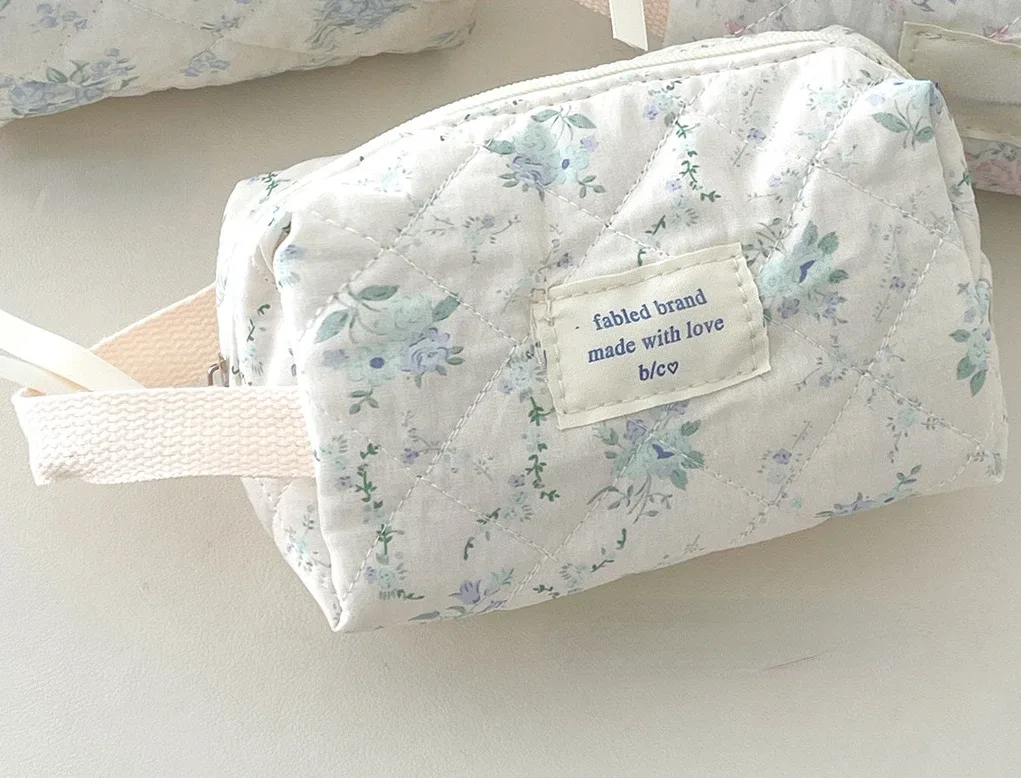 sac à cosmétiques vintage à fleurs pour femmes, pochette à carreaux mignonne, trousse de maquillage de voyage, petits sacs à main matelassés en coton à fleurs