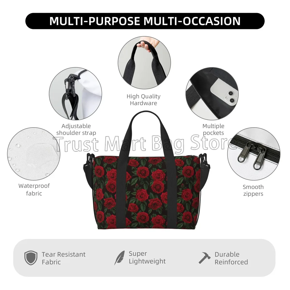 sacs de voyage à imprimé de roses rouges pour femmes, fourre-tout portable, étanche, idéal pour le week-end, la nuit, la salle de sport et la plage, 03/