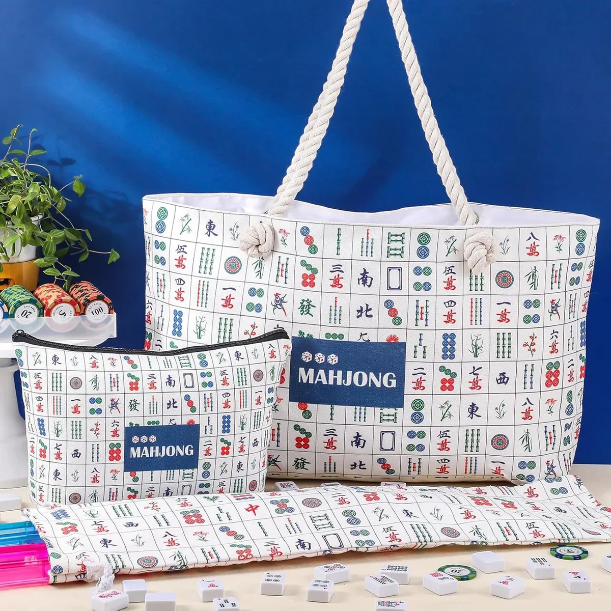 sacs de rangement pour tuiles de mahjong imprimées bleues, ensemble de sacs fourre-tout de 24x13x4,7 pouces, grands avec poignées pour les voyages, le transport quotidien, cadeau pour les amateurs de jeux de société