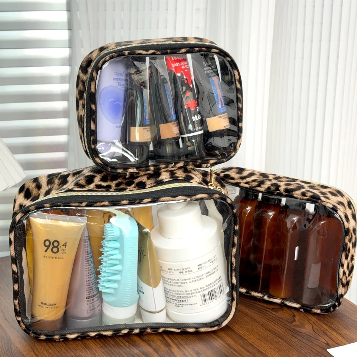 trousse toilette nylon motif léopard transparent voyage grande capacité organisateur cosmétiques maquillage sac accessoires