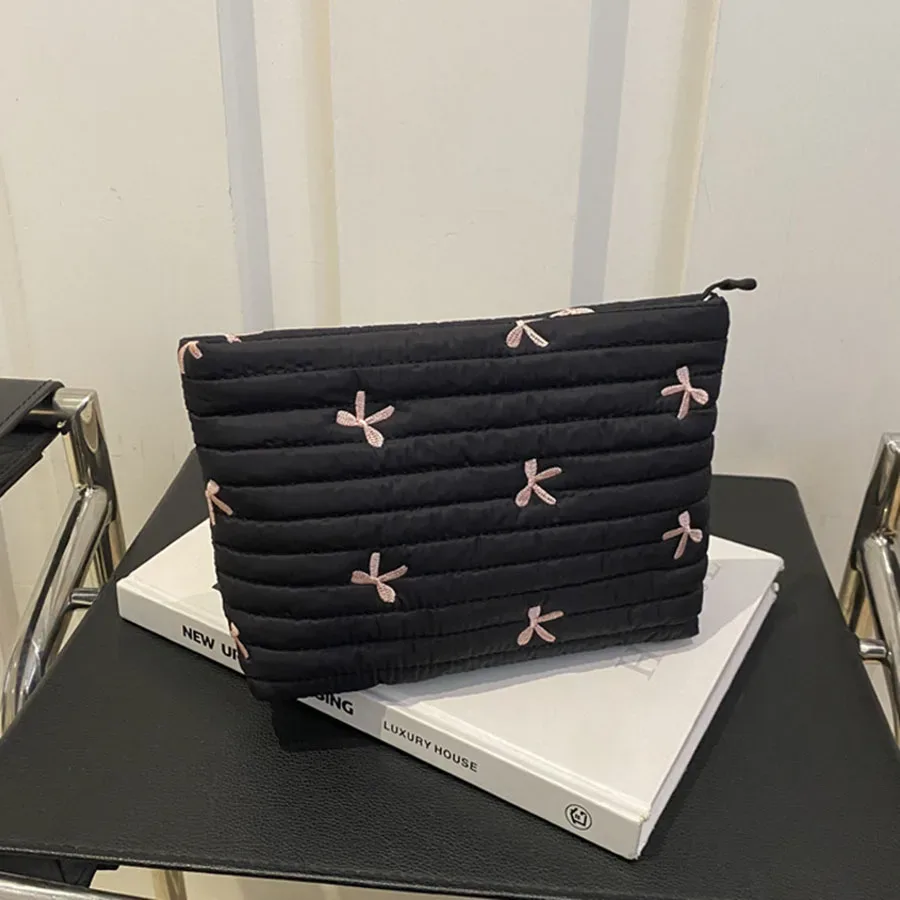 trousse de maquillage mignonne avec fermeture éclair, grande capacité, sac cosmétique brodé avec nœud, sac de rangement pour articles de toilette