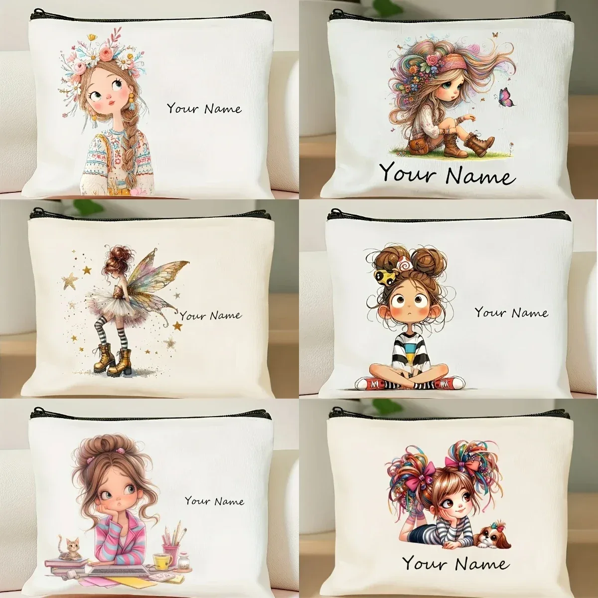 Sac de maquillage personnalisé avec motif de fille vintage mignon, sac à main, trousse de toilette, trousse à crayons, cadeau de vacances, trousse à cosmétiques