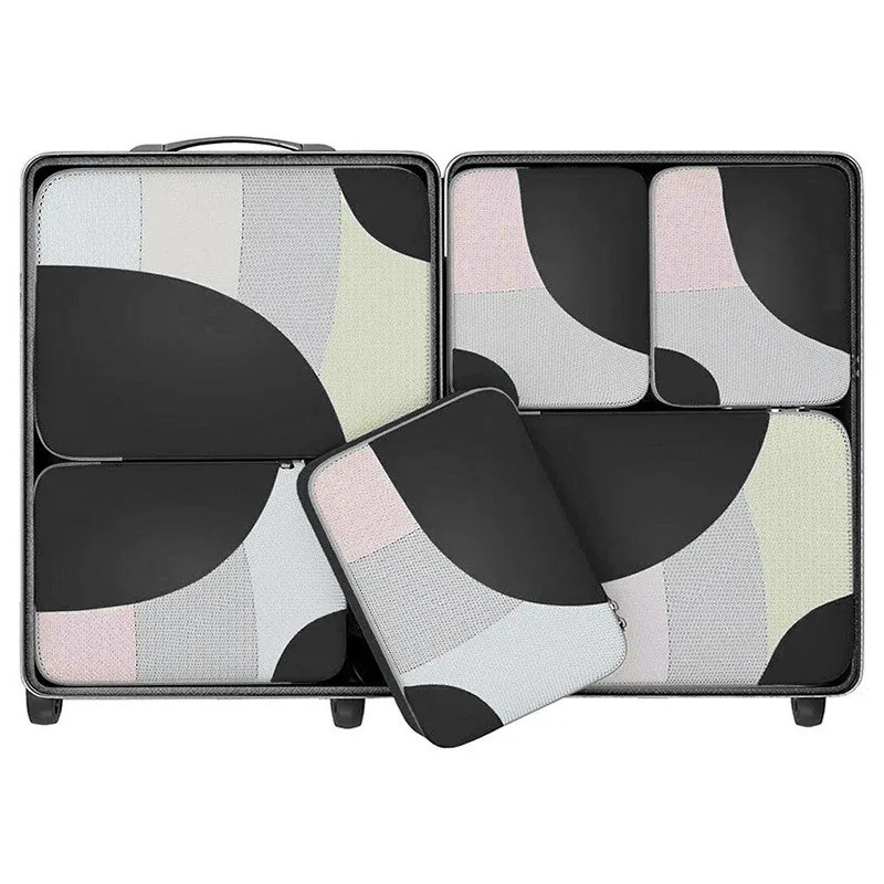 organisateur voyage polyester gris beige motif géométrique cube sac compression chaussures pochette housse vêtements tailles différentes transport pratique
