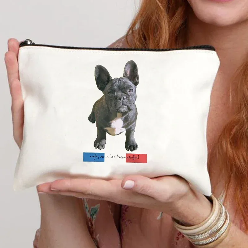 trousse de maquillage en toile pour femme, trousse de toilette, valise professionnelle, impression de dessin animé, bouledogue français, drôle